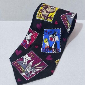 Looney Tunes Men's 100% Silk Neck Tie Black Valentine Stamp Print Bugs Taz Cupid
